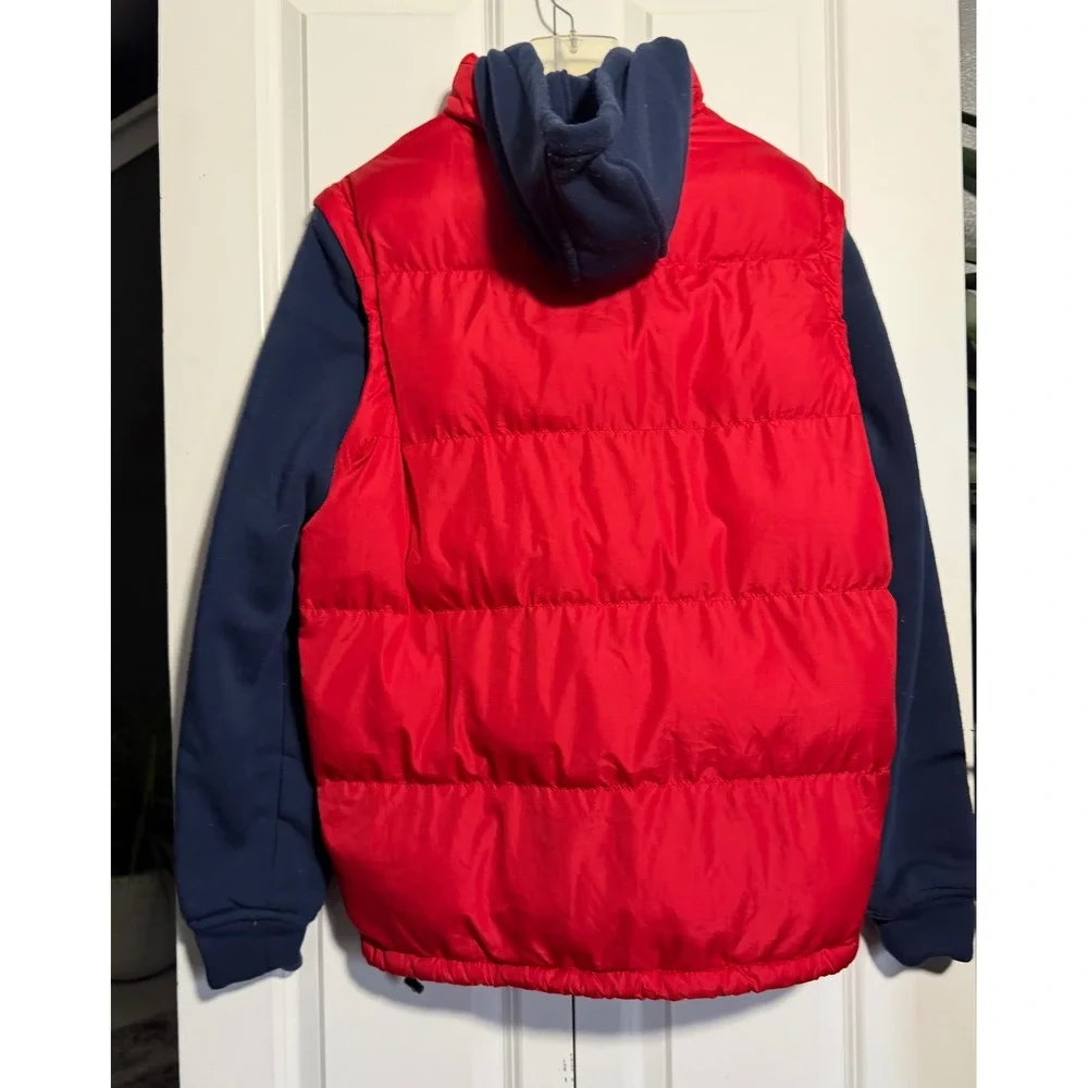US Polo Assn Puffer Jacket Mens M Red Navy Excellent Hooded Fleece Sleeve Zip